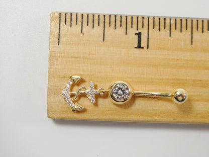 14k Real Solid Yellow Gold Dangling Anchor Belly Button Ring Piercing