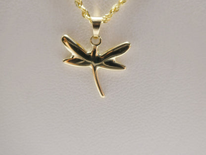 14k Real Solid Yellow Gold Dragonfly Pendent and Robe Necklace