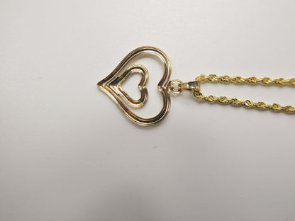14k Real Solid Yellow Gold Two Tone Double Heart Pendent and Robe Necklace