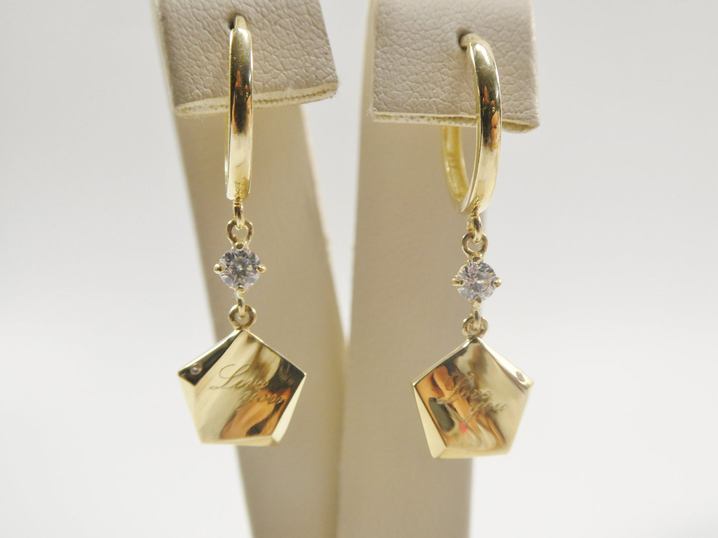 10k real yellow gold love engrave dangle plain huggie earrings