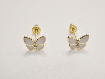 Real 10k Solid Yellow Gold White Enamel Butterfly Screw Back Earrings