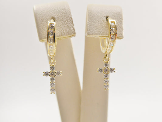 10k real solid yellow gold full prong setting cross dangle on huggie hoop fancy earring