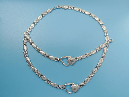 real 925 sterling silver double heart stampato set / necklace/ bracelet 14k white gold color finish