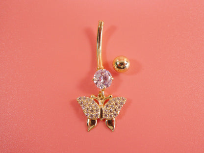 14k Real Solid Yellow Gold Dangling Butterfly Belly Vutton Ring Piercing