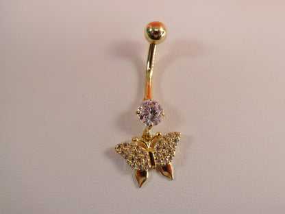 14k Real Solid Yellow Gold Dangling Butterfly Belly Vutton Ring Piercing