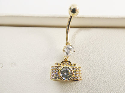 14k Real Solid Yellow Gold Camera Dangling Belly Button Ring Piercing