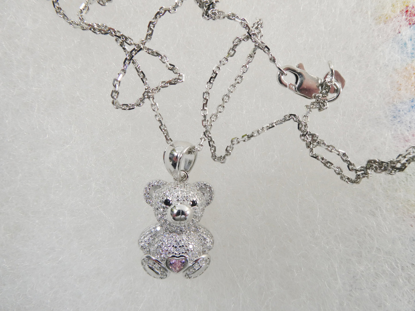 925 sterling silver teddy bear pink stone set chain and pendent