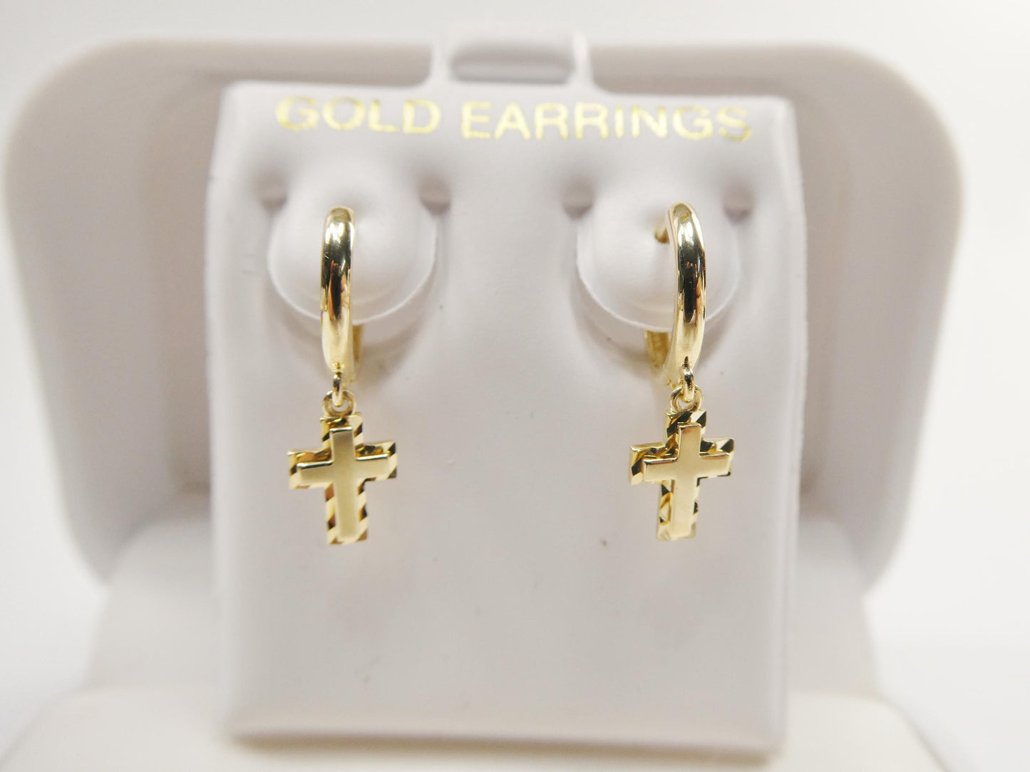 real 10k solid yellow gold cross dropping hoop huggie earring