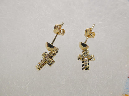 Real 10k Solid Yellow Gold Cross Dropping Push Post Earrings