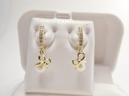 Real 10k Solid Yellow Gold Designer Pearl Drop Hoop Huggie Earrings
