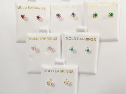 10k Real Solid Yellow Gold Birthstone Screw Back Children Earrings Flower Shape