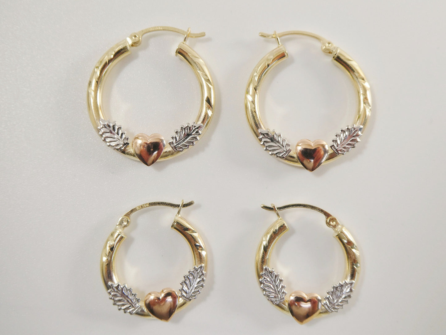 14K Solid Gold Hoop Earrings: Tri-Color Heart Center, 20/25mm