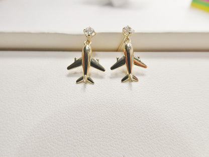 Real 10k Solid Yellow Gold Plane Dangling Push Post Earrings