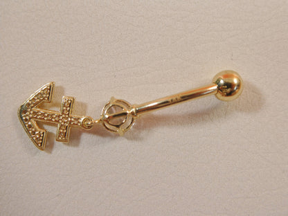 14k Real Solid Yellow Gold Dangling Anchor Belly Button Ring Piercing