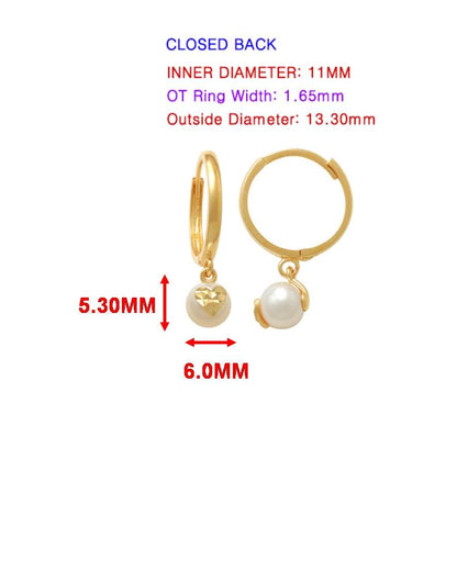 Real 10k Solid Yellow Gold Cultured Freshwater Pearl Hoop Huggie Earrings