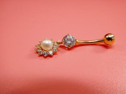 14k Real Solid Yellow Gold Dangling Freshwater Real Pearl Belly Button Ring Piercing