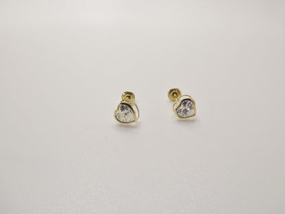 10k Real Solid Yellow Gold Birthstone Screw Back Children Earrings Heart Bazel Shape