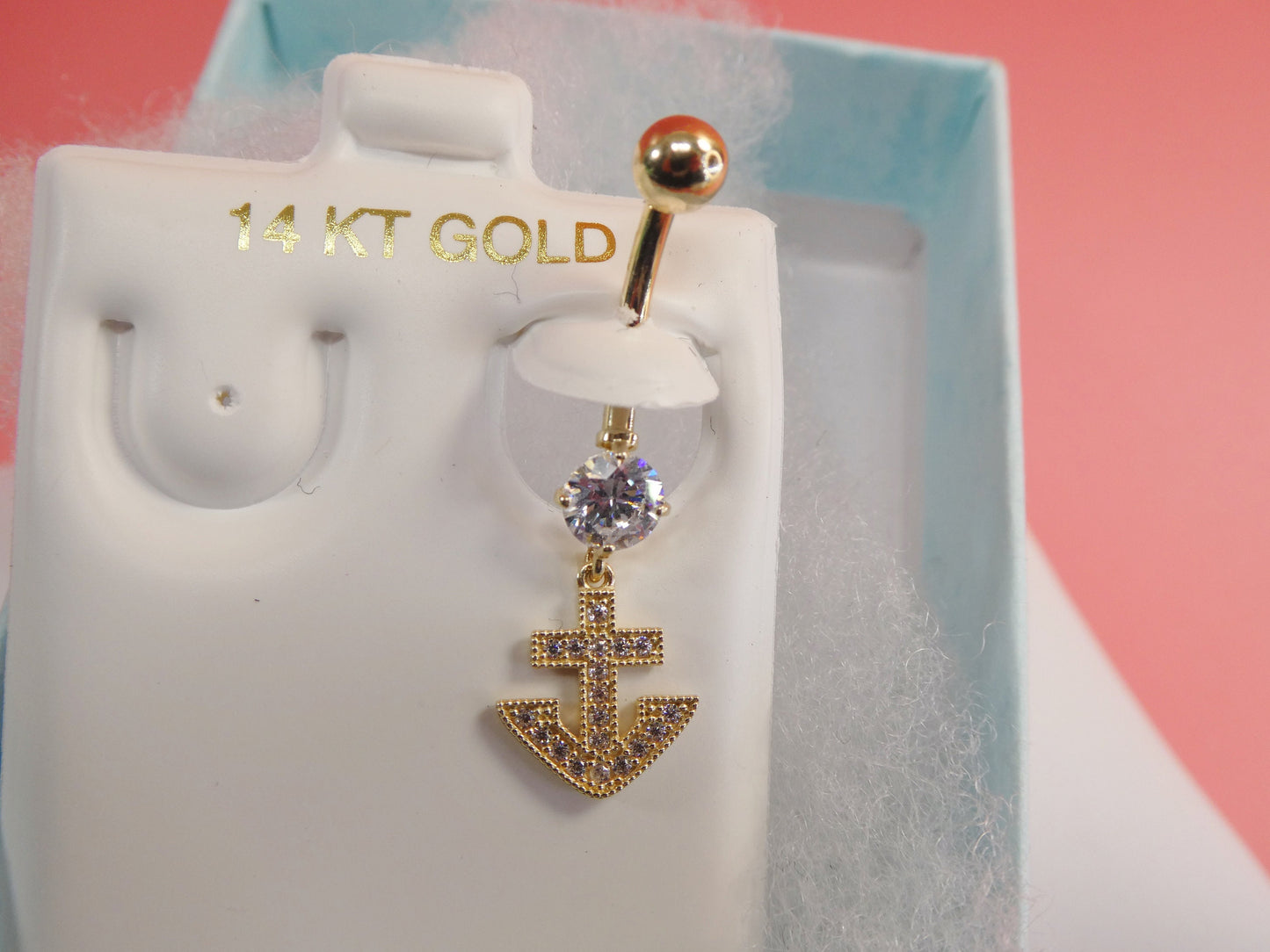 14k real solid yellow gold dangling anchor belly button ring piercing