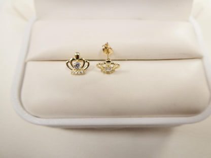 Real 10k Solid Yellow Gold Crown Style Push Post Circle Stud Earrings