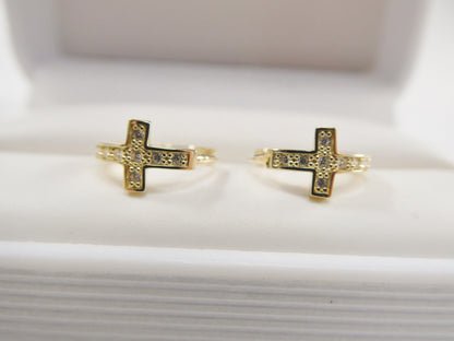Real 10k Solid Yellow Gold Cross Hoop Huggie Earring