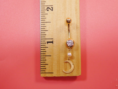 14k Real Solid Yellow Gold Dangling Moon Belly Button Ring Piercing