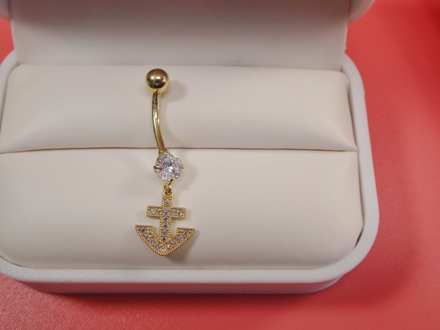 14k real solid yellow gold dangling anchor belly button ring piercing