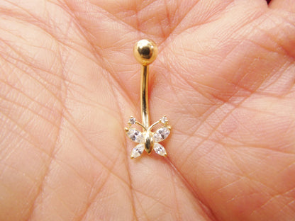 14k Real Solid Yellow Gold Butterfly Belly Button Ring Piercing
