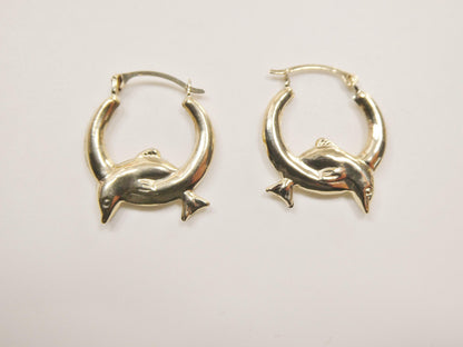 10k Real Solid Yellow Gold Dolphin Hoop Earrings