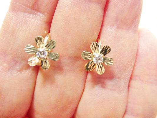 real 10k solid yellow gold designer floral hoop huggie earrings