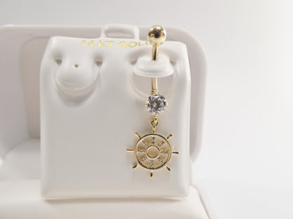 14k Real Solid Yellow Gold Ship Wheel Dangling Belly Button Ring Piercing