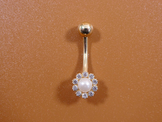 14k real solid yellow gold freshwater pearl belly ring
