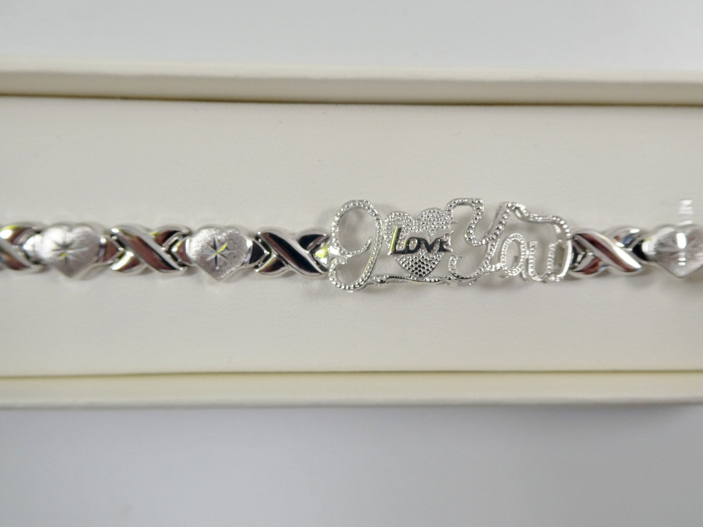 Sterling Silver I Love You XO Bracelet - 14k White Gold Finish