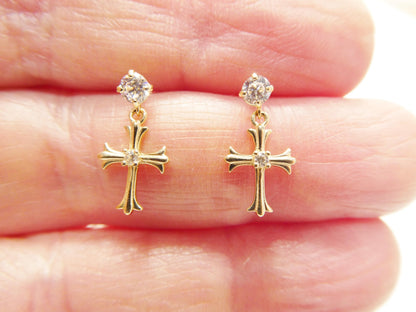 Real 10k Solid Yellow Gold Cross Dropping Push Post Earrings