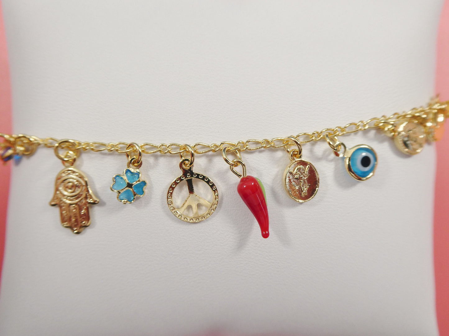 6 inch 18k gold filled multi full dangling charm Figaro style baby bracelet