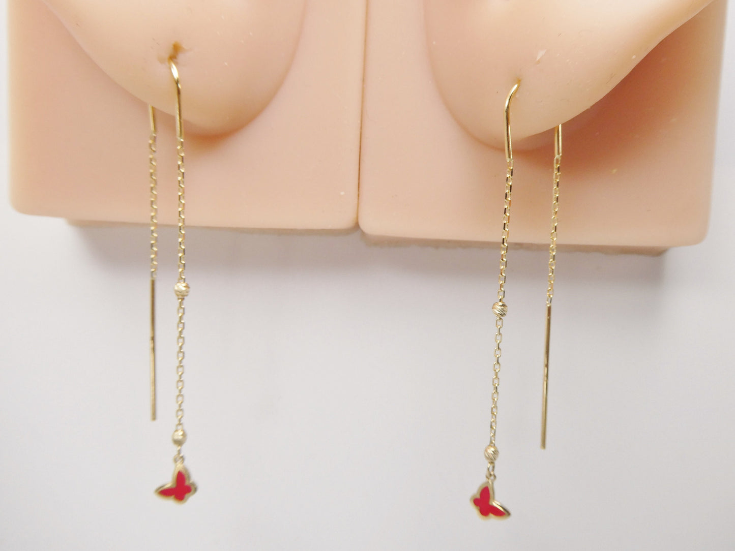 14k real solid yellow gold butterfly enamel long dangling earrings