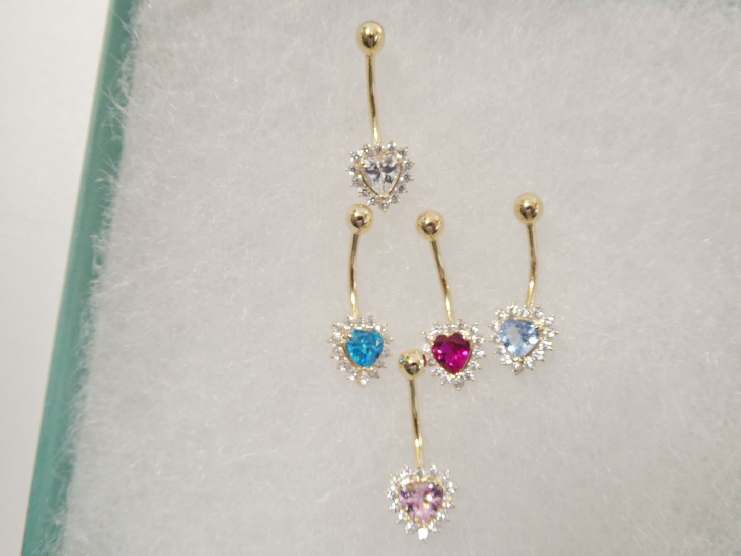 14k real solid yellow gold color stone heart belly button ring piercing