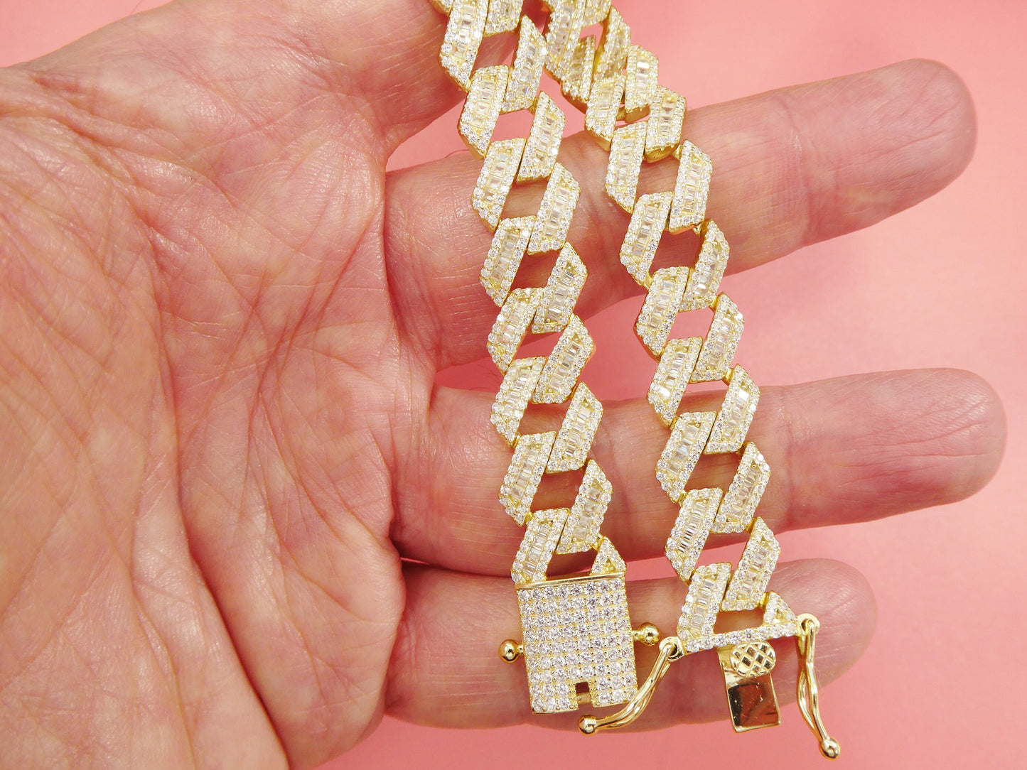 8.5 inch 14k yellow gold color Monaco bracelet baguette setting over real solid 925 sterling silver