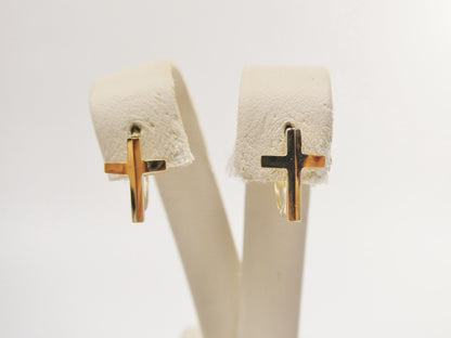 Real 10k Solid Yellow Gold Cross Hoop Huggie Earrings