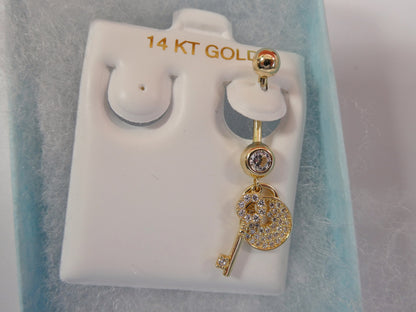 14k Real Solid Yellow Gold Dangling Lock And Key Belly Button Ring Piercing