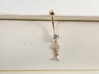 14k Real Solid Yellow Gold Fish Skeleton Dangling Belly Button Ring Piercing