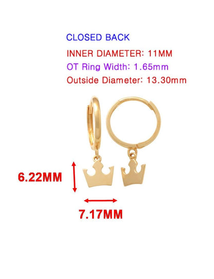 Real 10k Solid Yellow Gold Crown Hoop Huggie Earrings