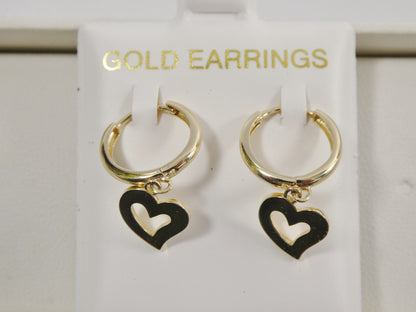 Real 10k Solid Yellow Gold Plain Heart Dangle Hoop Huggie Earrings