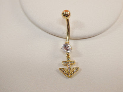 14k Real Solid Yellow Gold Dangling Anchor Belly Button Ring Piercing