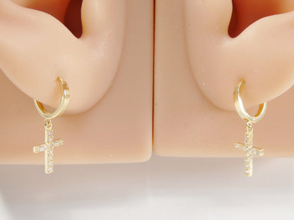 Real 10k Solid Yellow Gold Cross Dropping Hoop Huggie Earrings