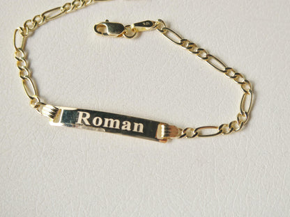 14K Real Solid Yellow Gold 6 Inch Figaro Style Baby ID Bracelet