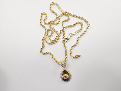 10k Real Solid Yellow Gold Evil Eye Pendent and Rope Necklace