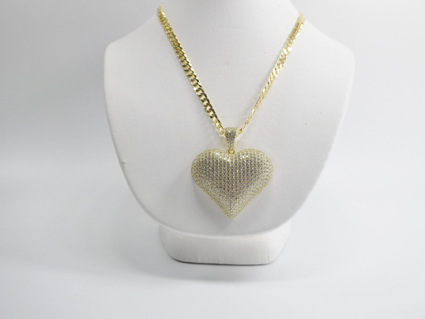 Gold Tone Heart Pendant Necklace: Sterling Silver Cuban Chain