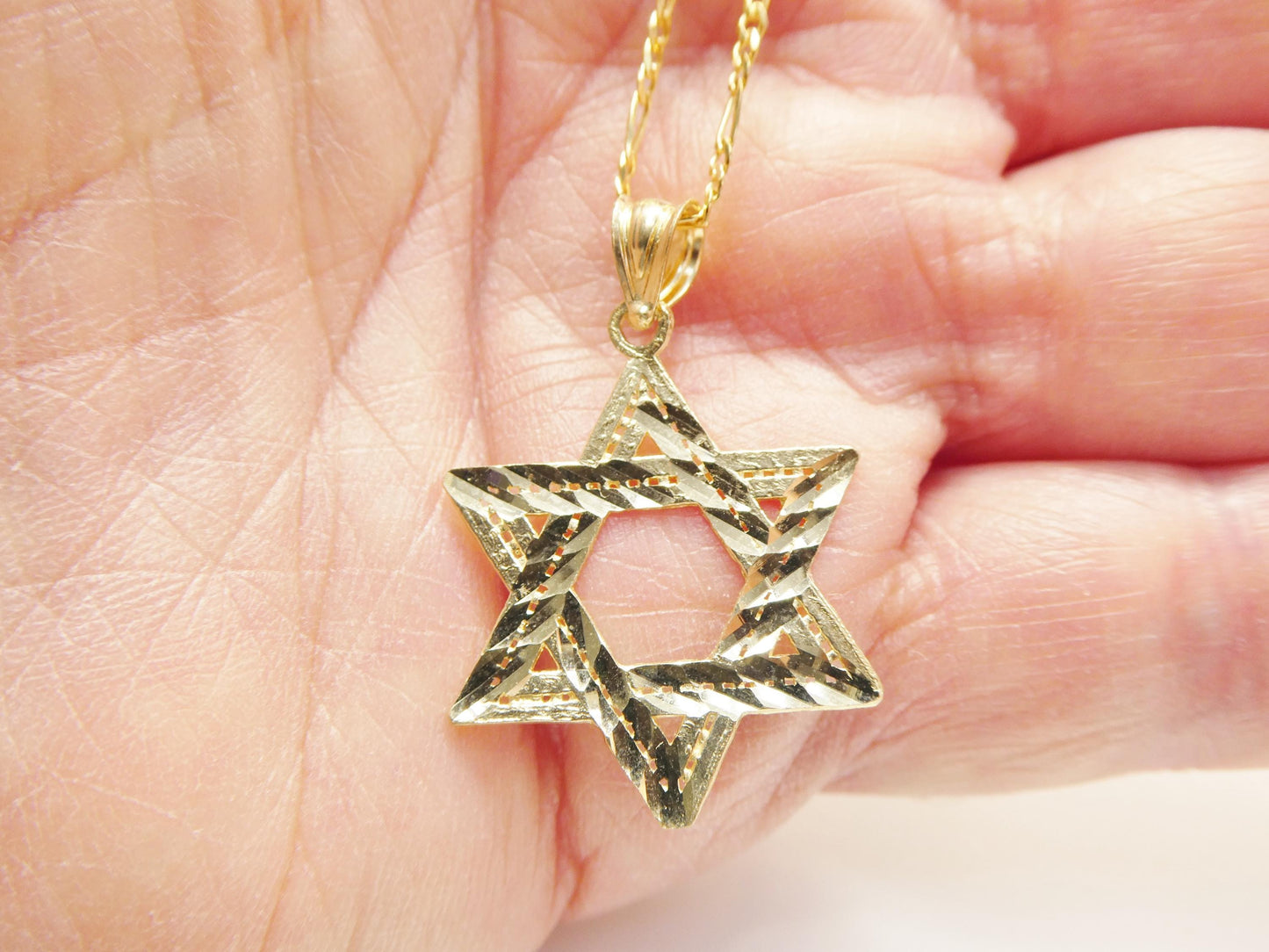 10k Yellow Gold Star of David Pendant Necklace: 18 inch Figaro Chain