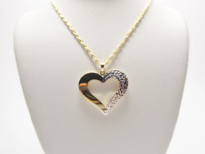 14k Real Solid Yellow Gold Two Tone Heart Pendent and Robe Necklace