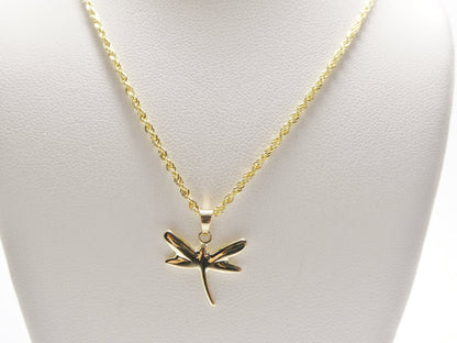 14k Real Solid Yellow Gold Dragonfly Pendent and Robe Necklace